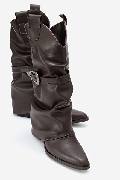 LuviShoes Dámské krátké kozačky Okus Brown Skin se sponou na tlustém podpatku