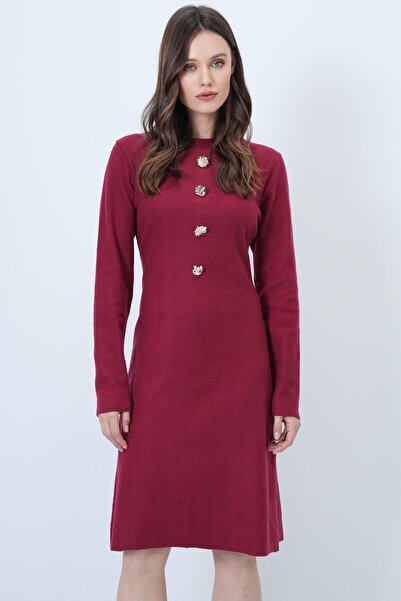 Trend Alaçatı Stili Kadın Bordo Bisiklet Yaka Düğme Detaylı Midi Boy Triko Elbise ALC-X14402