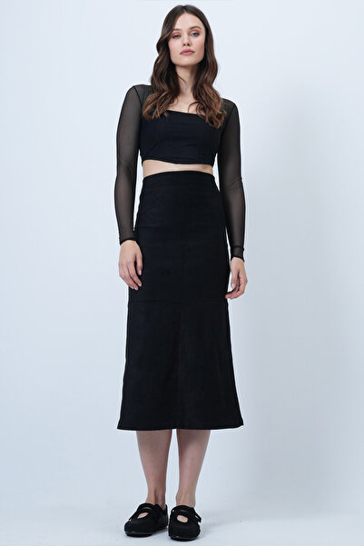 Trend Alaçatı Stili Women's Black Hidden Zipper Stitching Detail Faux Suede Maxi Skirt Alc-X14407