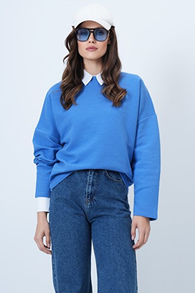 Trend Alaçatı Stili Women's Indigo Crew Neck Batwing Sleeve Wide Cut Basic Blouse Alc-X14391