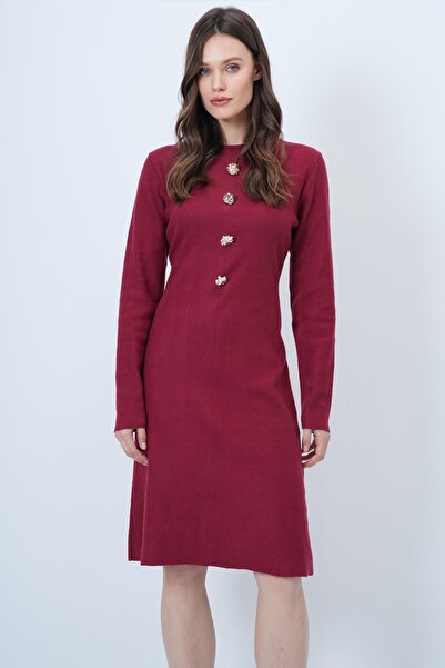 Trend Alaçatı Stili Kadın Bordo Bisiklet Yaka Düğme Detaylı Midi Boy Triko Elbise ALC-X14402