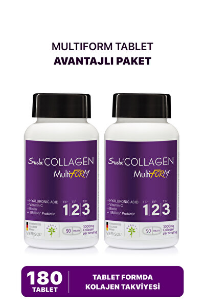 Suda Collagen Multiform Tablet - Tip I-II-III - C Vitamini,Hyaluronik Asit,Çinko,Biotin,Probiyotik | 90 Tablet x2