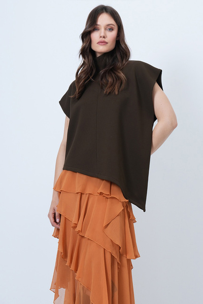 Trend Alaçatı Stili Women's Khaki Mock Neck Asymmetric Cut Sleeveless Blouse Alc-X14686