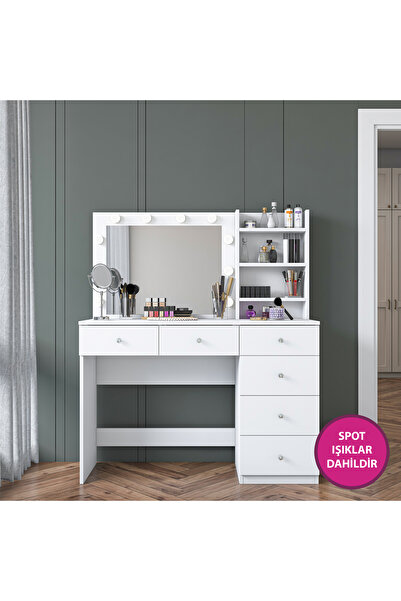 Rani Mobilya Rani BJ127 Hollywood Işıklı Aynalı Kulis Makyaj Masası 6 Çekmeceli Takı Düzenleyici Beyaz