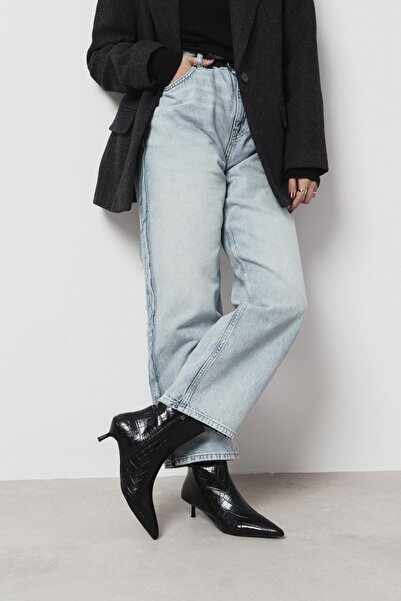 NİŞANTAŞI SHOES Shaw Siyah Desenli Fermuar Detay Sivri Burun Kadın Topuklu Bot