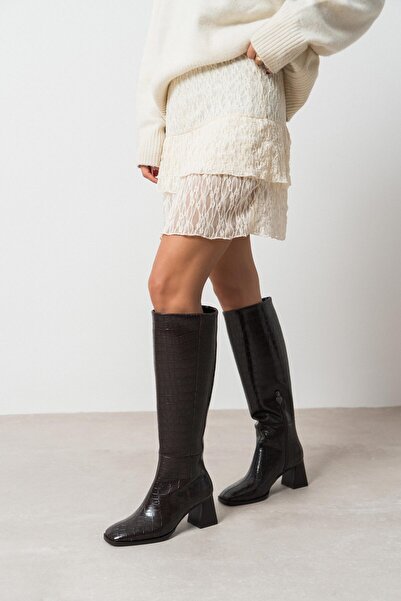 NİŞANTAŞI SHOES Roger Coffee mintás tompa orrú női vastag sarkú csizma