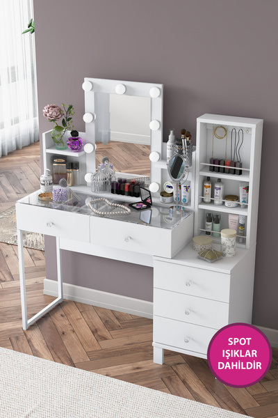 Rani Mobilya Rani BJ153 Hollywood Işıklı Aynalı Kulis Makyaj Masası 5 Çekmeceli Takı Düzenleyici Beyaz