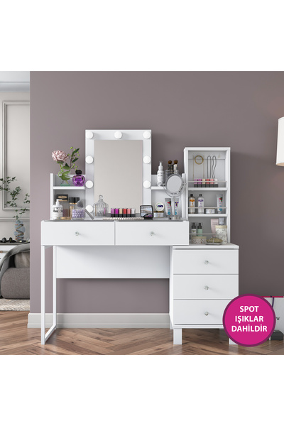 Rani Mobilya Rani BJ153 Hollywood Işıklı Aynalı Kulis Makyaj Masası 5 Çekmeceli Takı Düzenleyici Beyaz