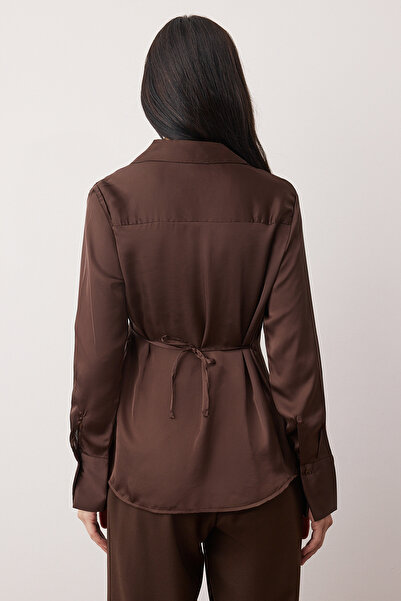 Trendyol Collection Dark Brown Satin Button Detailed Flowy Regular Fit Shirt Twoaw26Go00115