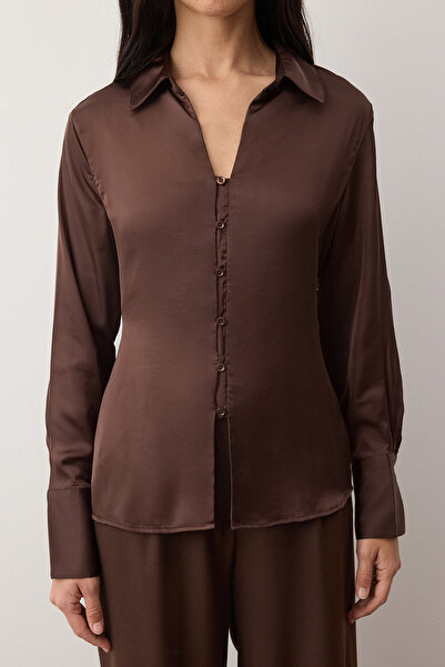 Trendyol Collection Dark Brown Satin Button Detailed Flowy Regular Fit Shirt Twoaw26Go00115