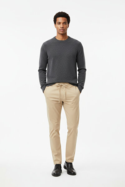 ablukaonline Men's Slim Fit Lace-Up Fabric Trousers Beige