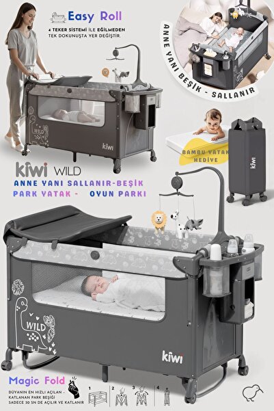 Kiwi Wild 3in1 Anne Yanı Park Yatak Katlanır Beşik, Tekerlekli, Yan Açılır
