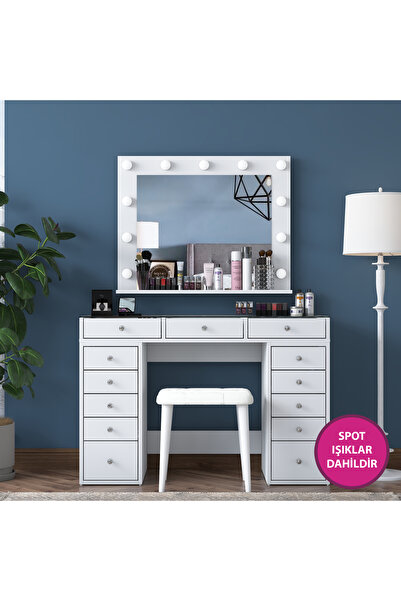 Rani Mobilya Rani BJ156 Hollywood Işıklı Aynalı Kulis Makyaj Masası Cam Tablalı Takı Düzenleyici Puf Takım Beyaz