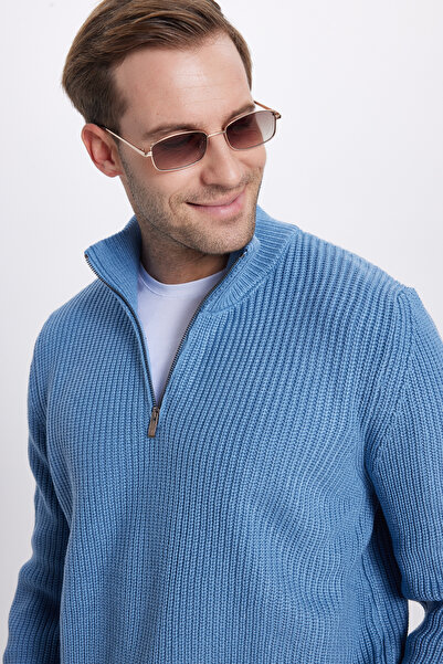 Tudors Чоловічий светр з вузьким кроєм, застібкою-блискавкою, індіго, з прямим коміром