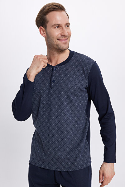 Tudors Men's regular fit cotton button-up collar elastic waist patterned pajama set