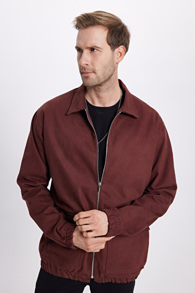 Tudors Men's Relax Fit Comfortable Cut Double Pocket Flap Zippered Elastic Waist Solid Burgundy Jacket Coat Shirt