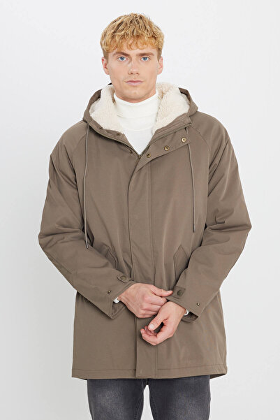AC&Co / Altınyıldız Classics Men's Khaki Standard Fit Regular Cut Hooded Stand Collar Side Pocket Jacket Coat