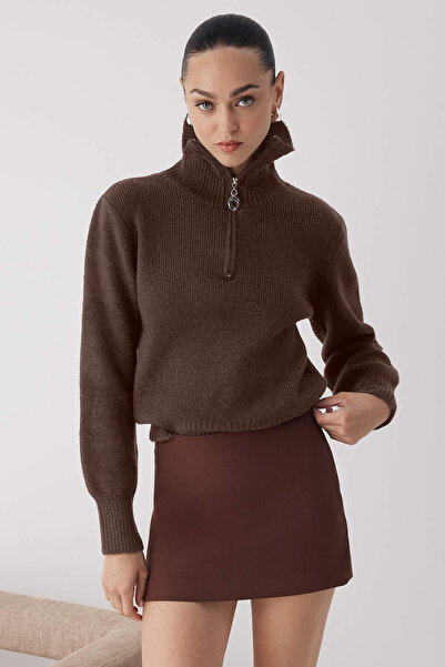 Trendyol Collection Wardrobe Essentials Pulover basic din tricot din lână maro premium cu fermoar | TWOAW26KZ00071