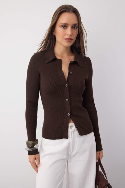 Trendyol Collection Wardrobe Essentials Brown Premium Yarn Polo Neck Knitwear Cardigan |   Twoaw26Hi00225