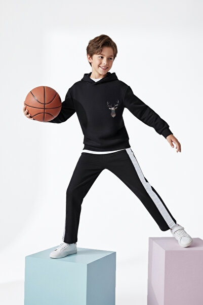 TRENDYOLKIDS Black Boy Animal Printed Hooded Oversize Knitted Bottom - Top Set Tkdaw26Au00036