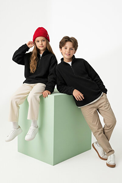 TRENDYOLKIDS Black Plain Mock Neck Knitted Unisex Kids Fleece Sweatshirt Tkdaw26Sw00059