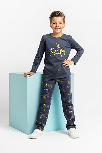 TRENDYOLKIDS Anthracite Cotton Printed Knitted Male Child Bottom-Upper Pajama Set Tkdaw26Pt00013