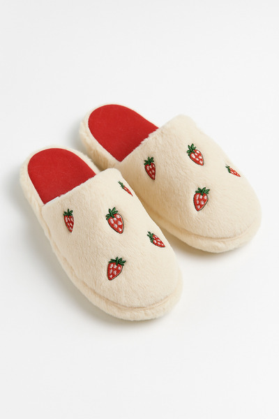 Beyond Women's Cream Strawberry Embroidered Plush House Slippers Byndfkb02