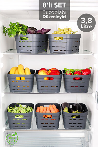 Meleni Home 8 Pieces 3.8 Lt Perforated Refrigerator Organizer - Kitchen Bathroom Multi-Purpose Cabinet Organizer Anthracite