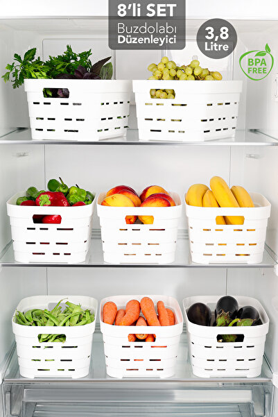 Meleni Home 8 Pieces 3.8 Lt Perforated Refrigerator Organizer - Kitchen Bathroom Multi-Purpose Cabinet Organizer White