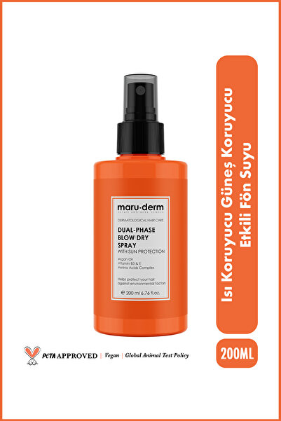 Maru.Derm Çift Fazlı Isı Koruyucu Güneş Koruyucu Etkili Fön Suyu 200 ML | Tüm Saç Tipleri | Vegan