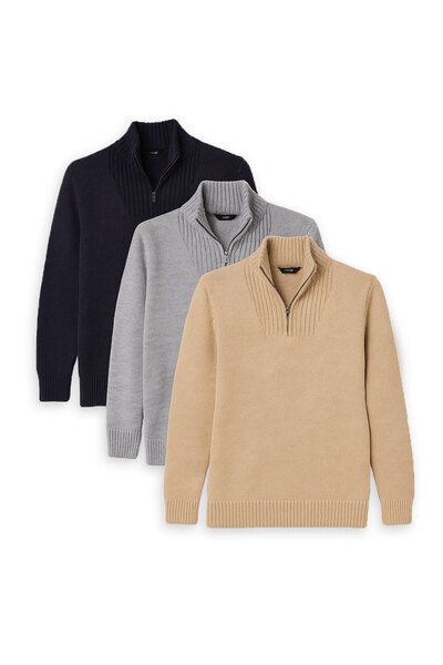 Tudors Pachet de 3 pentru bărbați, gri deschis, bleumarin slim fit îngust croială cu fermoar guler ridicat pulover tricotat