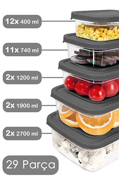 Meleni Home 29-Piece Rectangular Food Storage Container - Microwave and Freezer Safe Organizer Gray