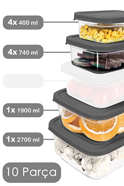 Meleni Home 10-Piece Rectangular Food Storage Container - Microwave and Freezer Safe Organizer Gray