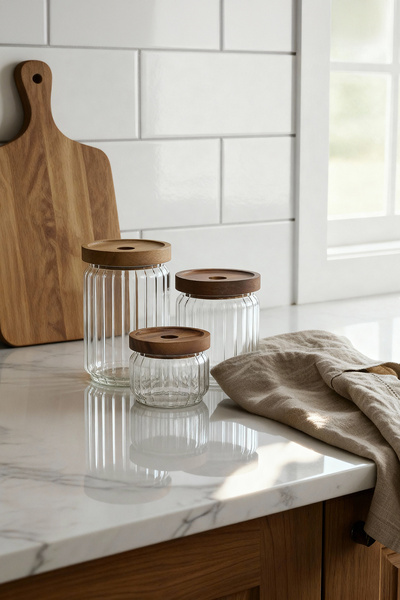 TRENDYOLMİLLA HOME مجموعة من 3 برطمانات زجاجية بغطاء من خشب الأكاسيا - مجموعة حاويات لتخزين المواد الغذائية/البقوليات TPHAW26SKB00003