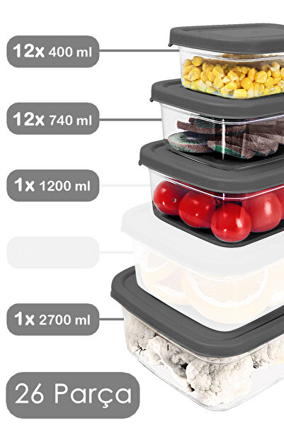 Meleni Home 26-Piece Rectangular Food Storage Container - Microwave and Dishwasher Safe Organizer Gray