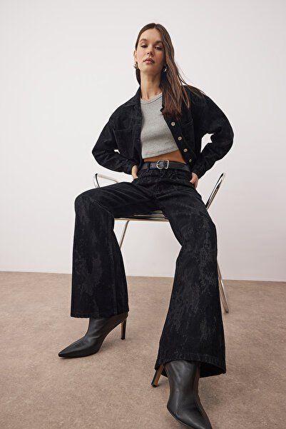 Trendyol Collection Black Black Suede Look Flock Printed High Waist Wide Leg Jeans High Waist Jeans Twoaw26Je00309