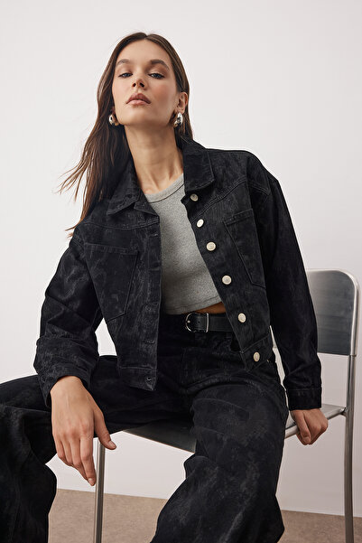 Trendyol Collection Black Suede Look Basic Denim Jacket