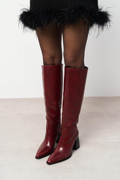 NİŞANTAŞI SHOES Boris Burgundy Rustic Pattern Zipper Detail Thick Heeled Women's Boots