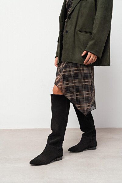 NİŞANTAŞI SHOES Nomi Black Suede Genuine Leather Pointed Toe Women's Flat Sole Boots