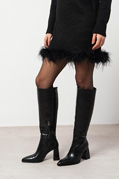 NİŞANTAŞI SHOES Boris Black Rustic Pattern Zipper Detail Thick Heeled Women's Boots