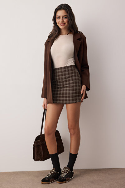 Trendyol Collection Brown Plaid Slim Fit Mini Skirt Shorts & Bermuda Twoaw26Sr00059