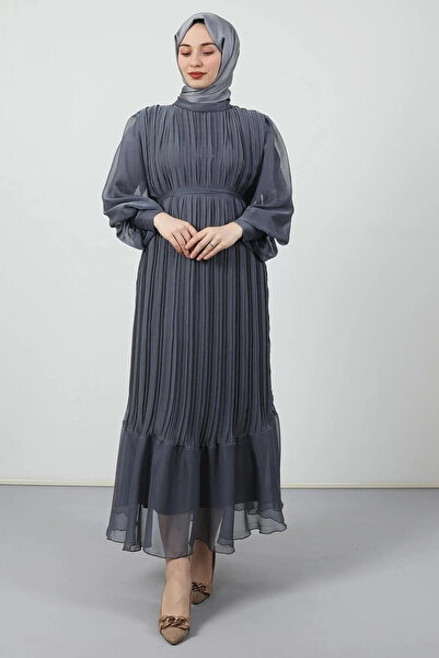 Giza Giyim Pleated Janjan Evening Dress Dark Gray