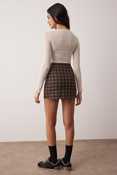 Trendyol Collection Brown Plaid Slim Fit Mini Skirt Shorts & Bermuda Twoaw26Sr00059