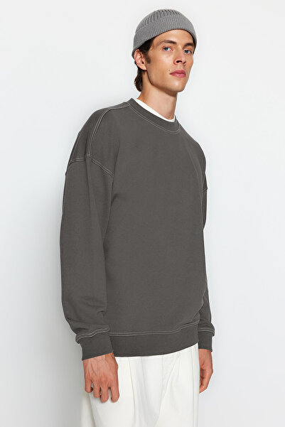 Trendyol Collection Φούτερ Anthracite Crew Neck Oversize - με λεπτομέρεια ραφής αντίθεσης TMNAW24SW00011