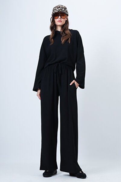 Trend Alaçatı Stili Women's Black Mock Neck Wide Cut Blouse and Pants Set Alc-X14702
