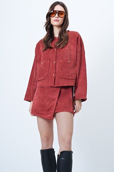 Trend Alaçatı Stili Women's Tile Double Pocket Velvet Jacket and Wrap Cut Shorts Skirt Suit Alc-X14688