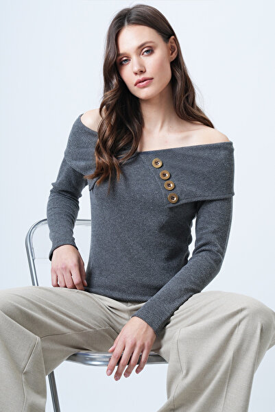 Trend Alaçatı Stili Anthrazitfarbene Damen-Strickbluse mit Madonna-Kragen und...