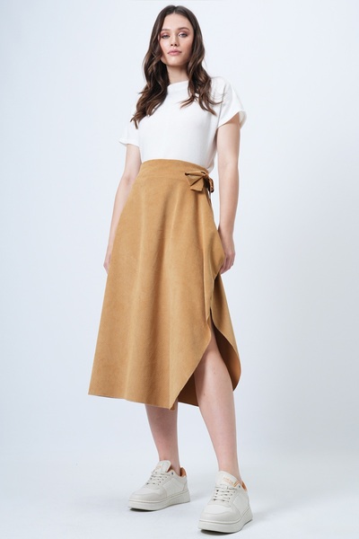Trend Alaçatı Stili Women's Mustard Asymmetrical Cut Waist Tie Detailed Skirt Alc-X14690
