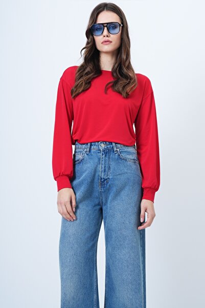 Trend Alaçatı Stili Rote Damenbluse mit U-Boot-Ausschnitt und Manschettenärmeln ALC-X14393