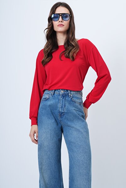 Trend Alaçatı Stili Rote Damenbluse mit U-Boot-Ausschnitt und Manschettenärmeln ALC-X14393
